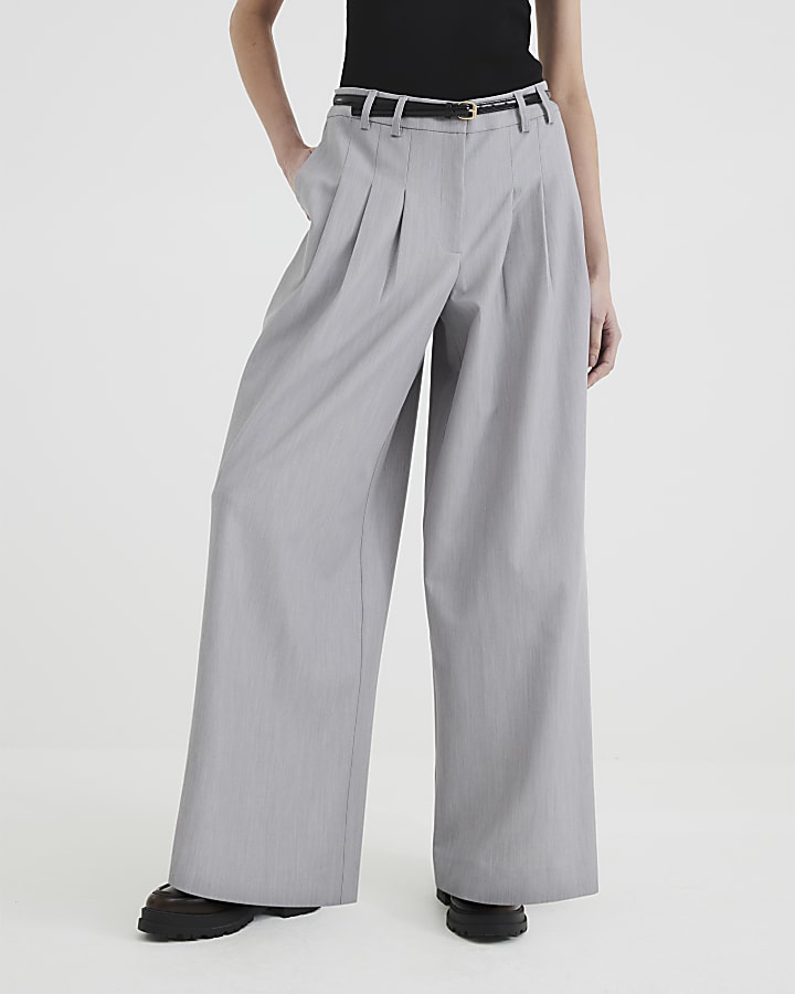 Grey Belted Wide Leg Trousers