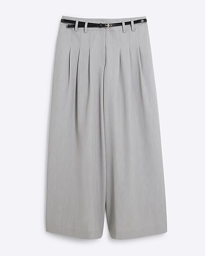 Grey Belted Wide Leg Trousers