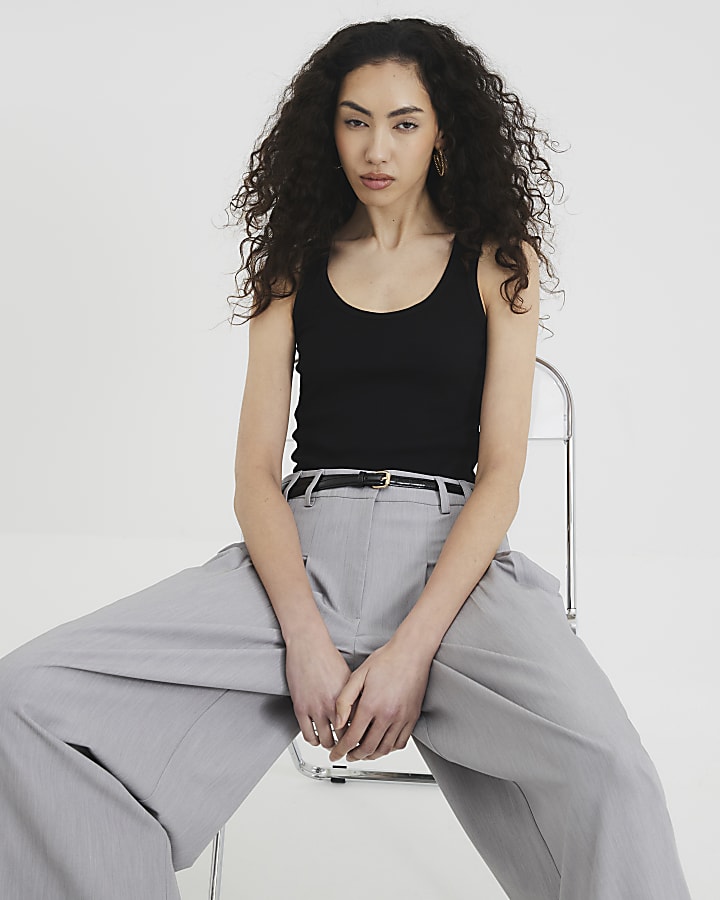 Grey Belted Wide Leg Trousers