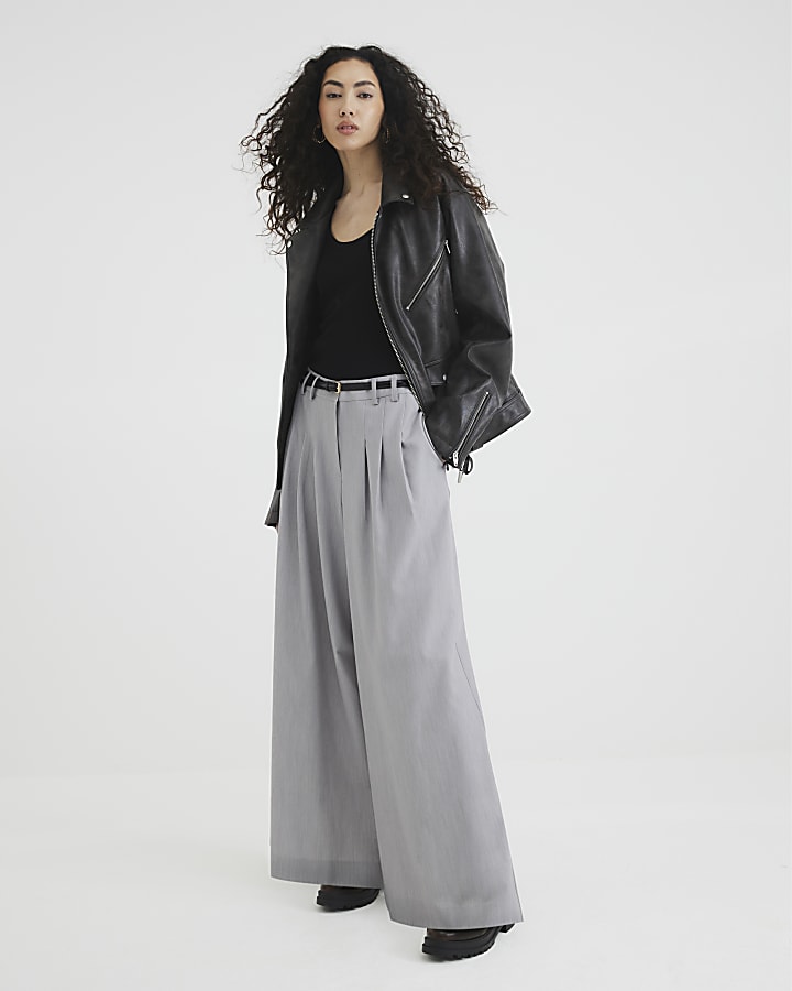 Grey Belted Wide Leg Trousers