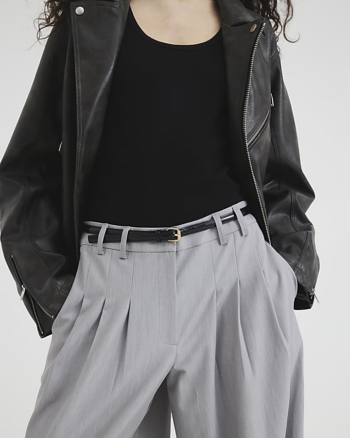 Grey Belted Wide Leg Trousers