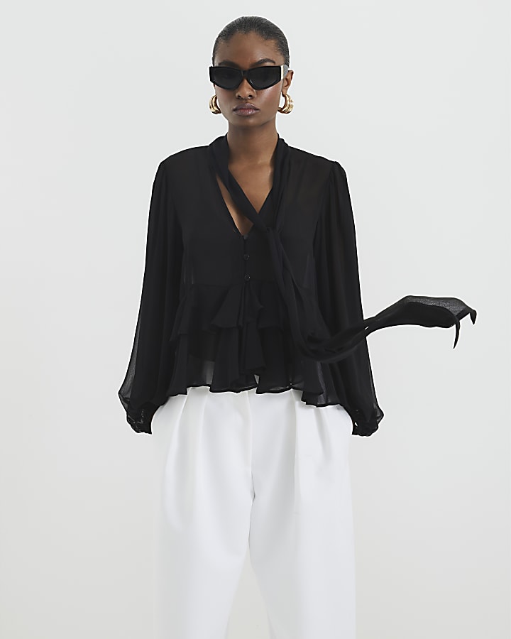 Black Sheer Ruffle Bow Blouse