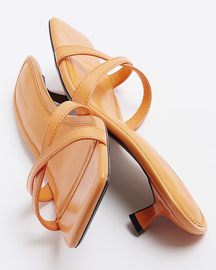 Orange Cross Strap Kitten Heel Mule Sandals