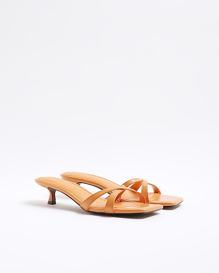 Orange Cross Strap Kitten Heel Mule Sandals