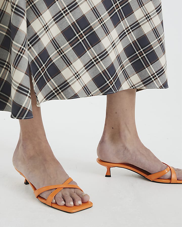 Orange Cross Strap Kitten Heel Mule Sandals