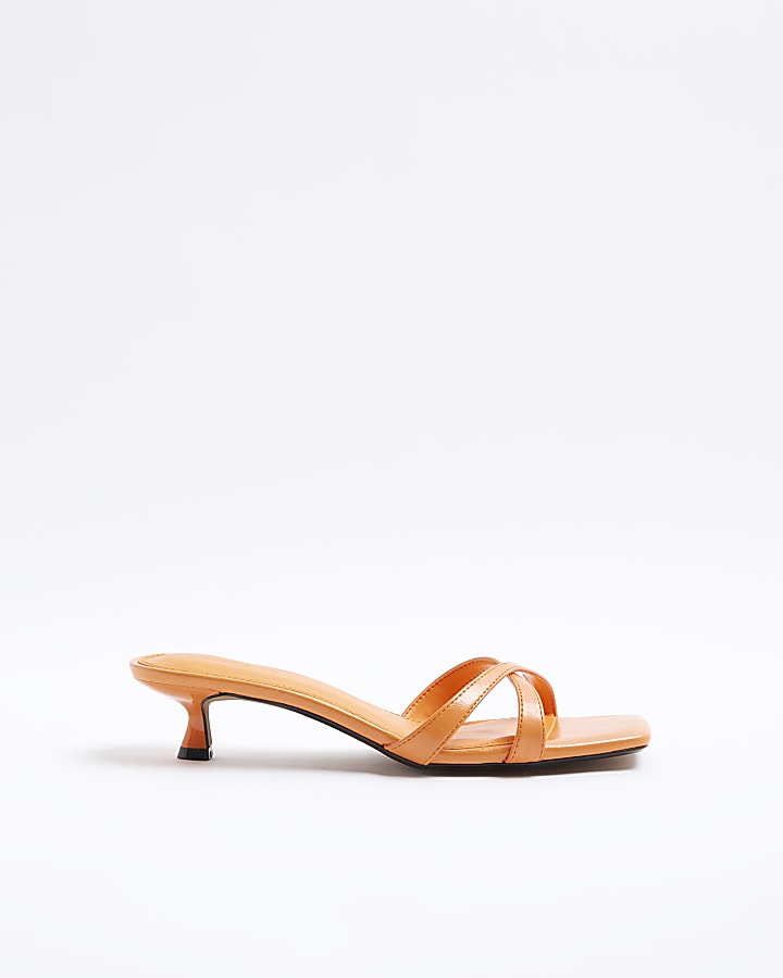 Orange Cross Strap Kitten Heel Mule Sandals