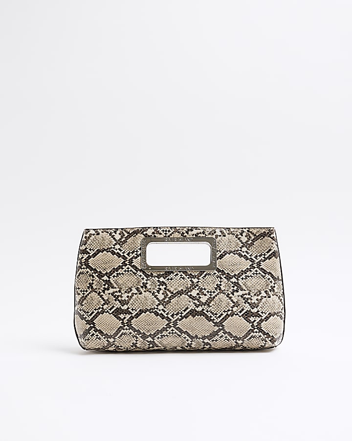 Beige Metal Handle Snake Print Clutch Bag