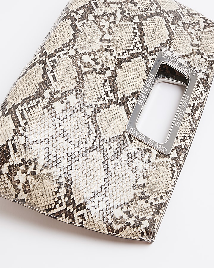 Beige Metal Handle Snake Print Clutch Bag