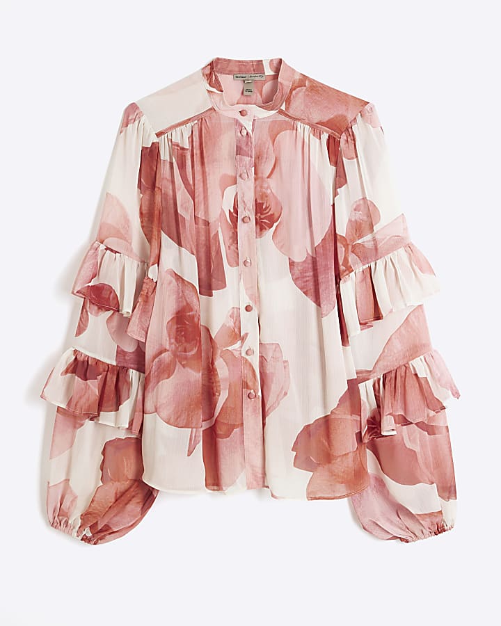 Pink Floral Ruffled Sleeve Blouse