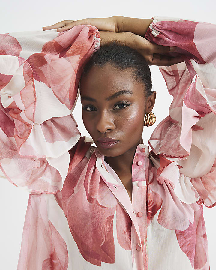 Pink Floral Ruffled Sleeve Blouse