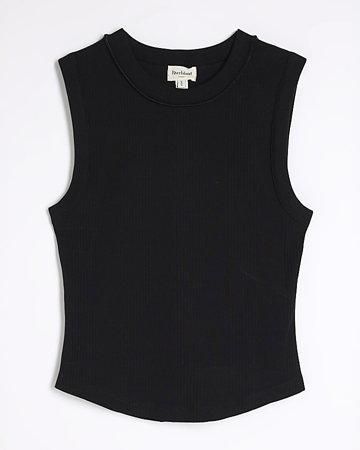 Black Sleeveless Ribbed Tank Top