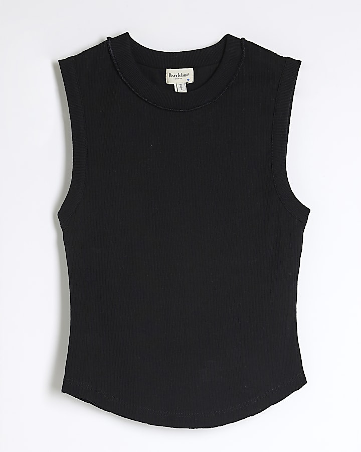 Black Sleeveless Ribbed Tank Top