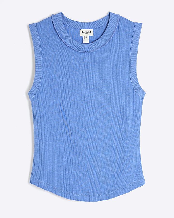 Blue Sleeveless Ribbed Tank Top