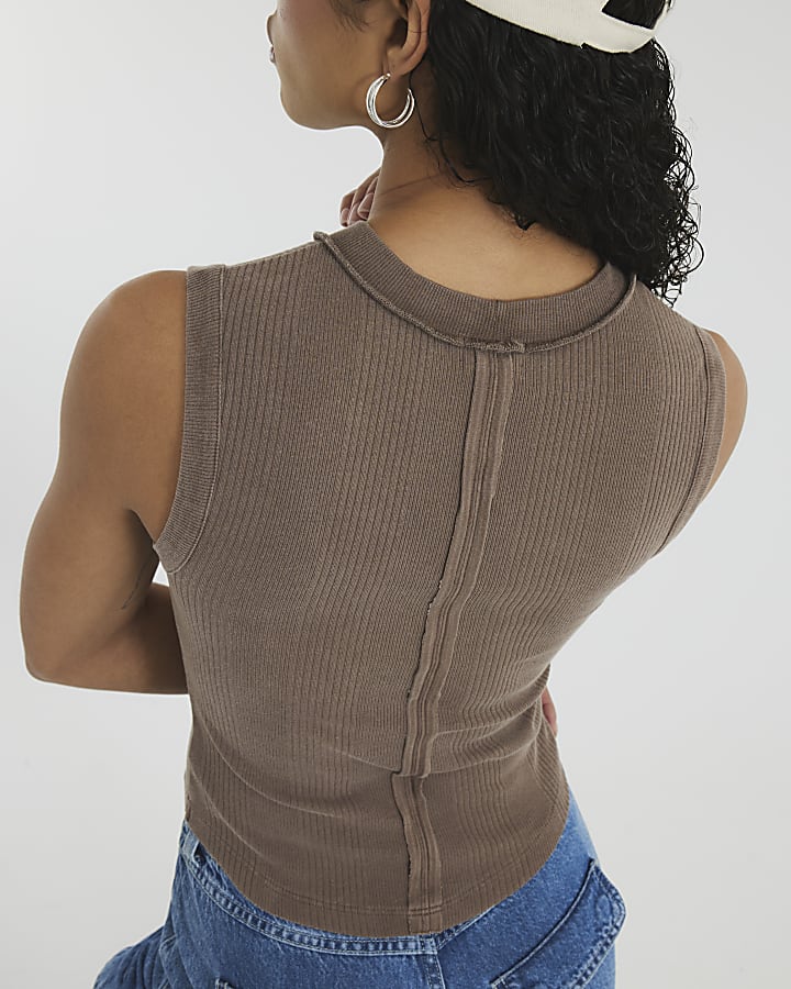 Brown Ribbed Tank Top