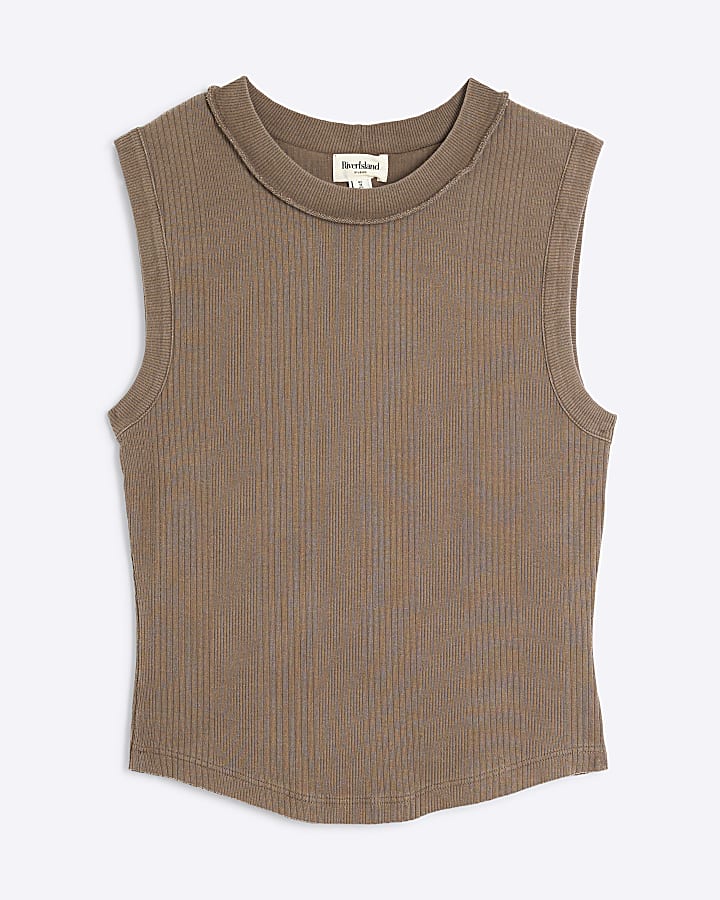 Brown Ribbed Tank Top