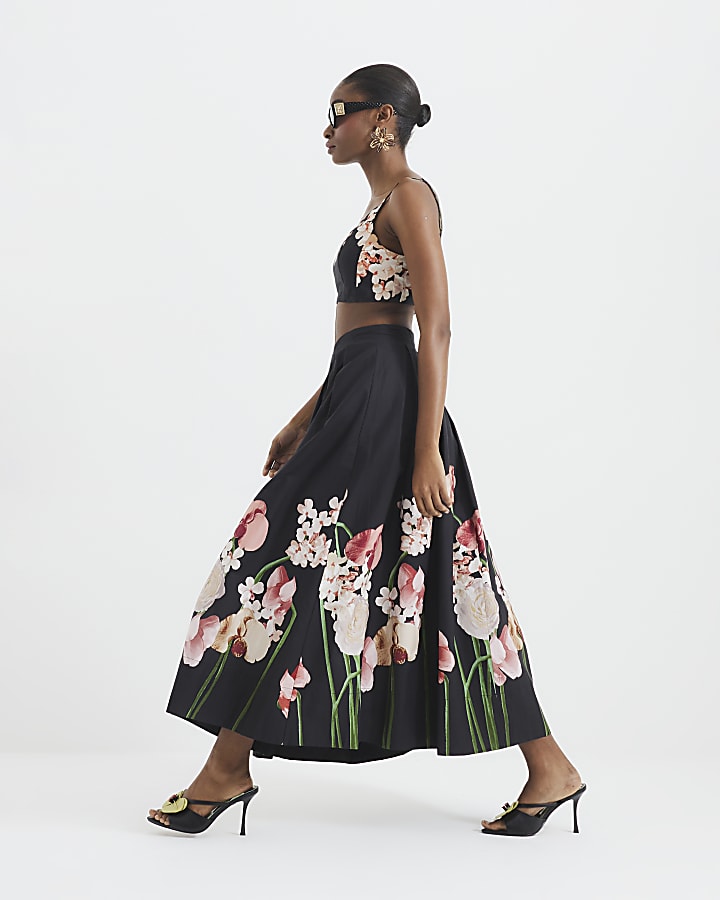 Black Floral Maxi Printed Skirt