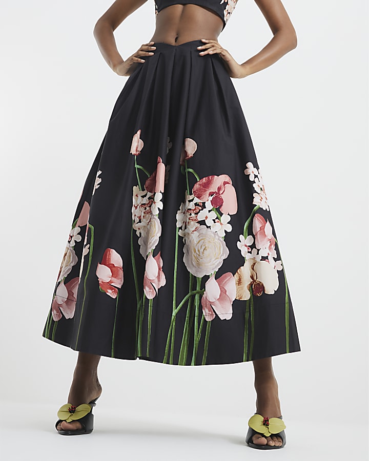 Black Floral Maxi Printed Skirt