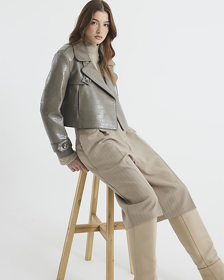 Stone Faux Leather Cropped Trench Coat