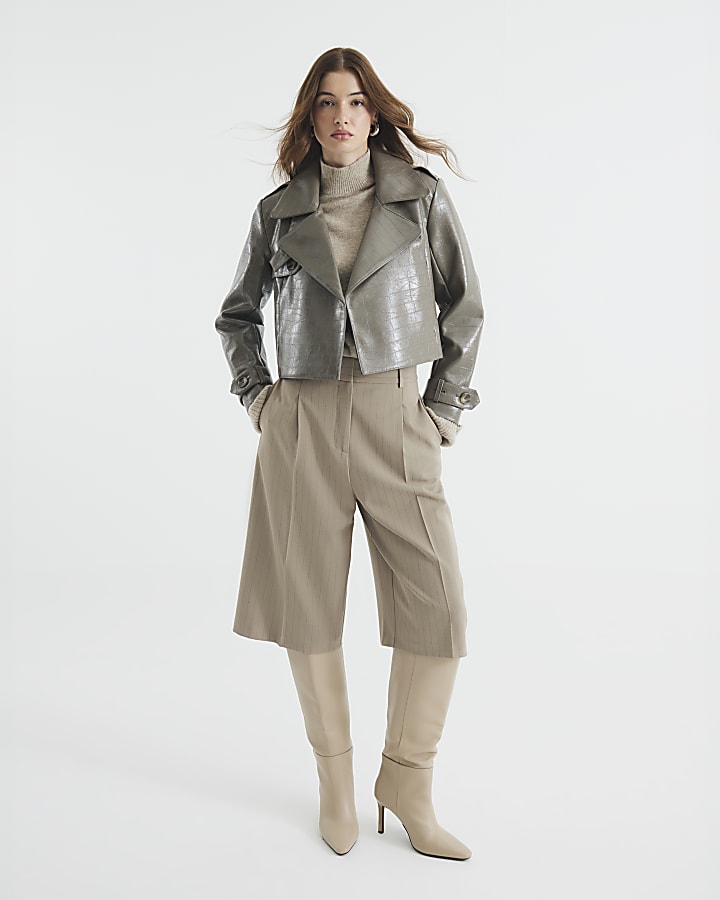 Stone Faux Leather Cropped Trench Coat