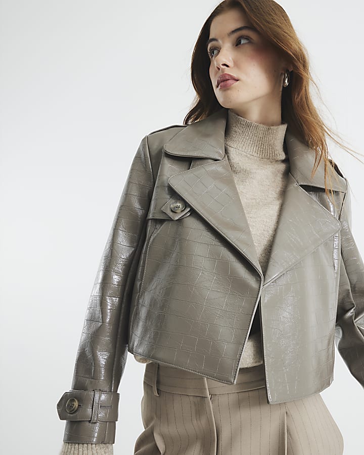 Stone Faux Leather Cropped Trench Coat