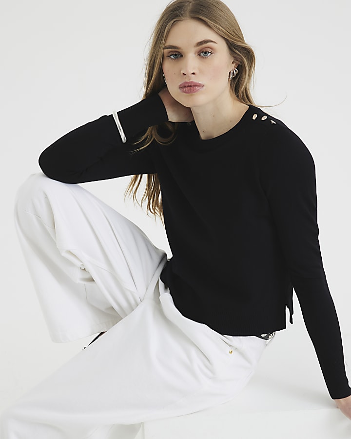 Black Button Shoulder Knitted Top