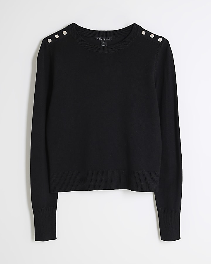 Black Button Shoulder Knitted Top