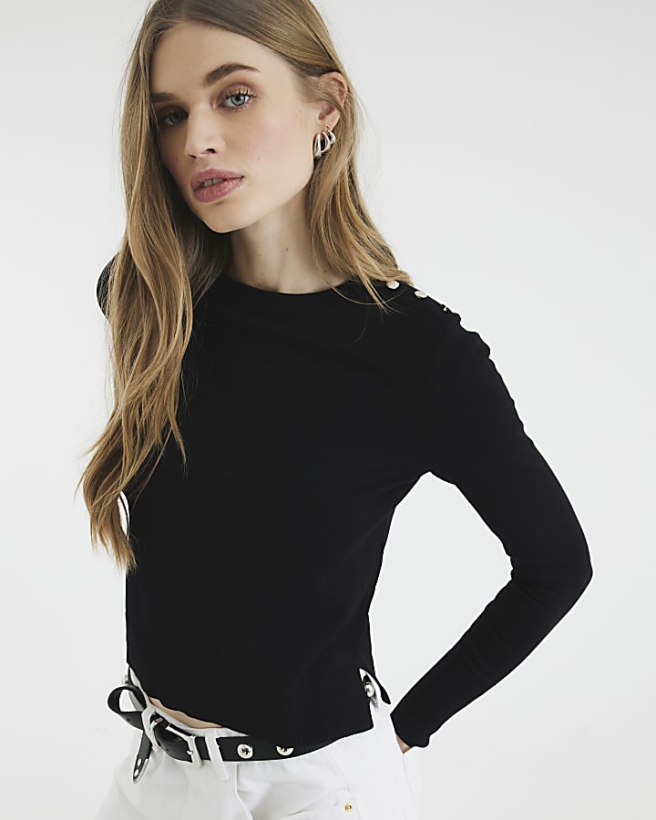 Black Button Shoulder Knitted Top