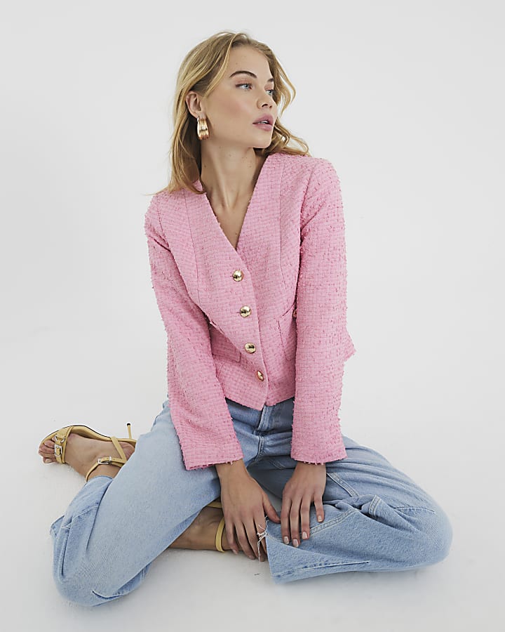 Pink Long Sleeve Boucle Jacket