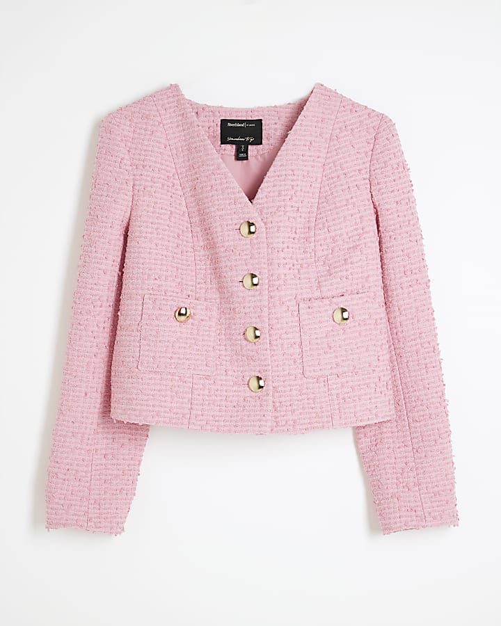 Pink Long Sleeve Boucle Jacket