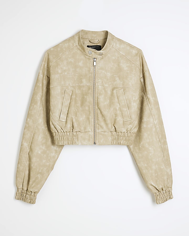 Beige Cropped Distressed Bomber Jacket