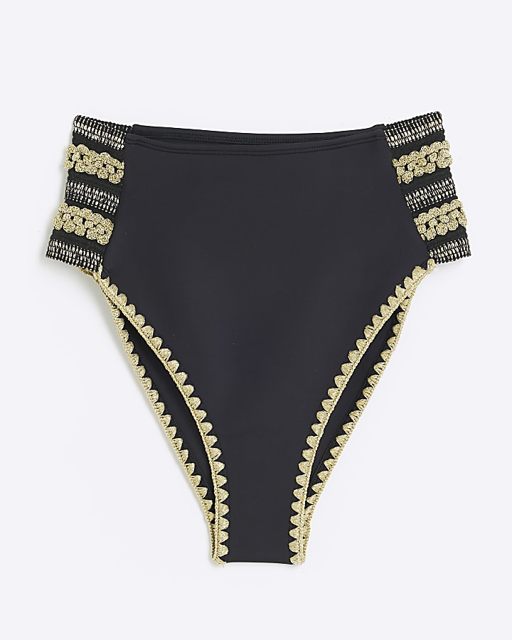 Black Embroidered High Waisted Bikini Bottoms