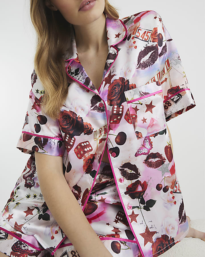 Pink Floral Cherry Valentine Satin Pyjama Set