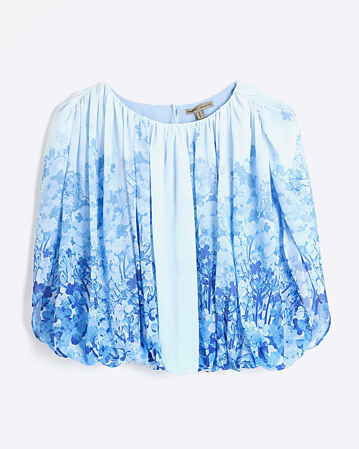 Blue Floral Bubble Hem Crop Top