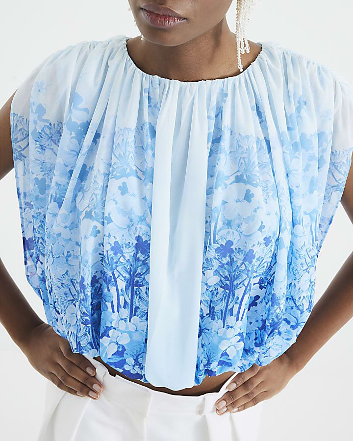 Blue Floral Bubble Hem Crop Top