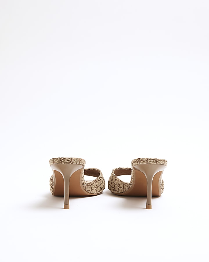 Beige Monogram open Toe Heeled Mules