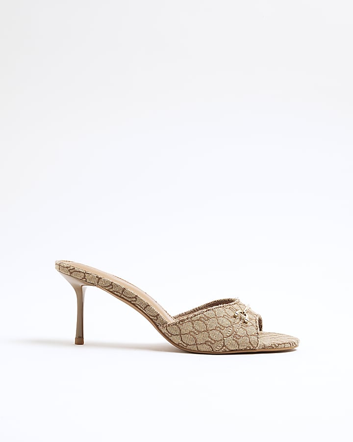 Beige Monogram open Toe Heeled Mules