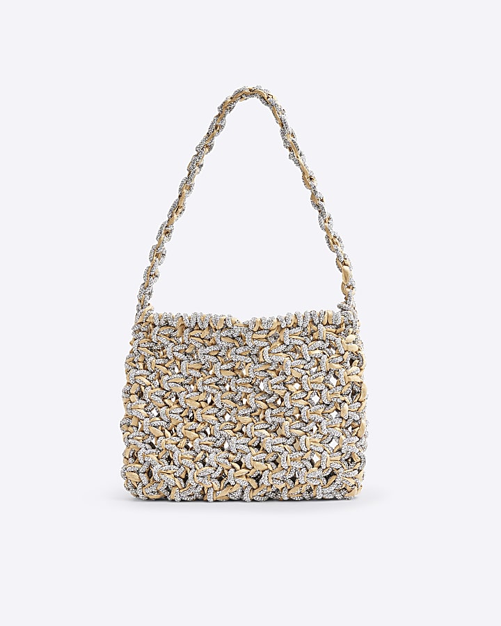 Beige Diamante Weave Shoulder Bag