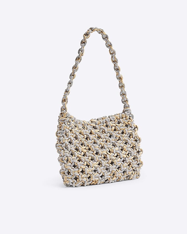 Beige Diamante Weave Shoulder Bag