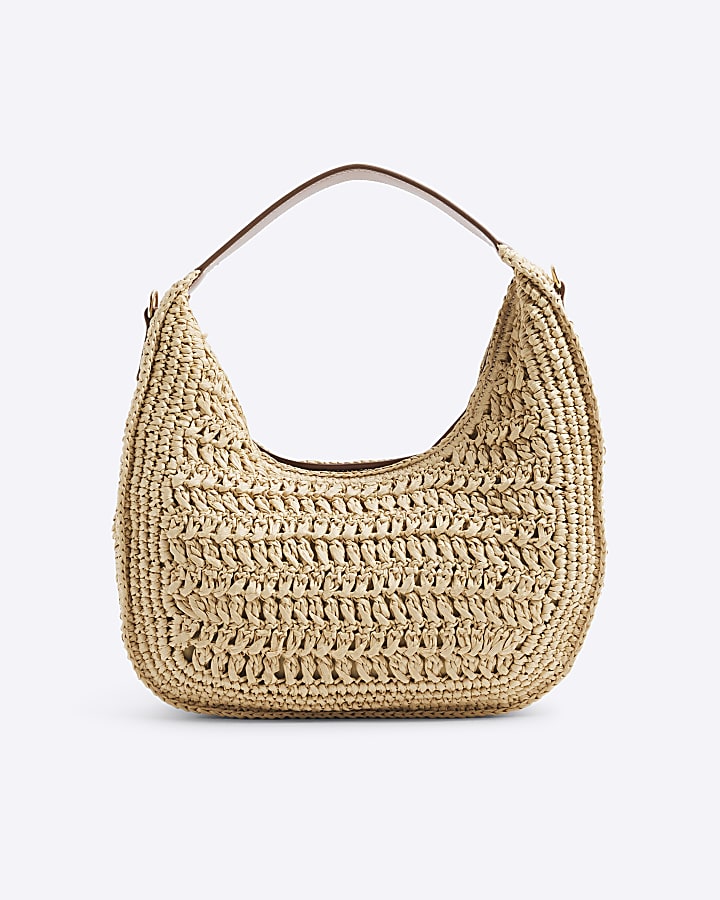 Beige Scooped Raffia Shoulder Bag