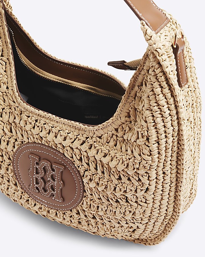 Beige Scooped Raffia Shoulder Bag