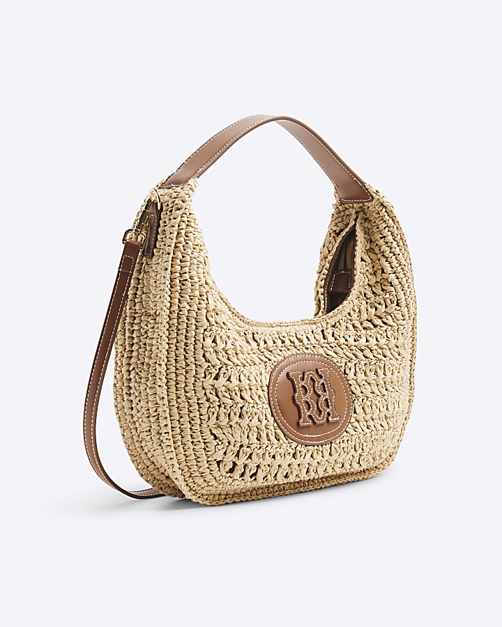 Beige Scooped Raffia Shoulder Bag