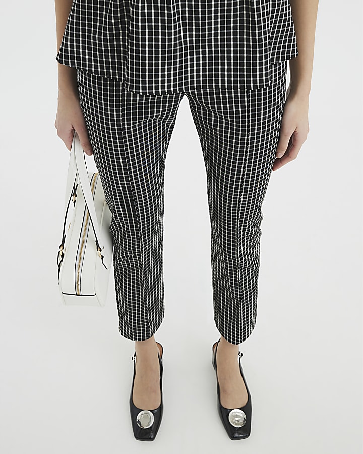 Black Stretch Cropped Check Trousers