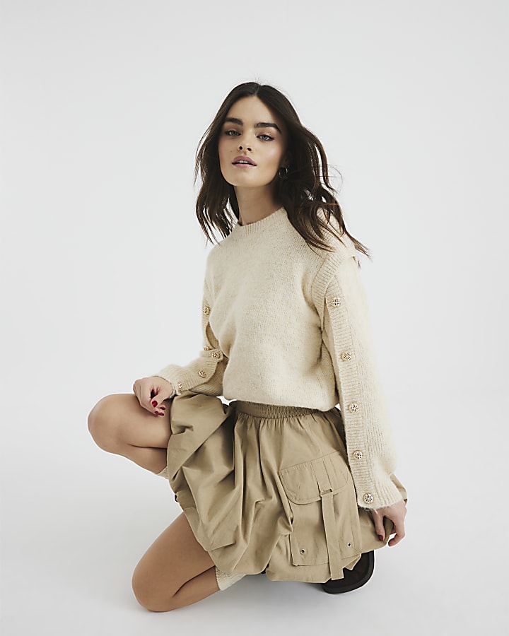 Beige Cargo Bubble Hem Mini Skirt