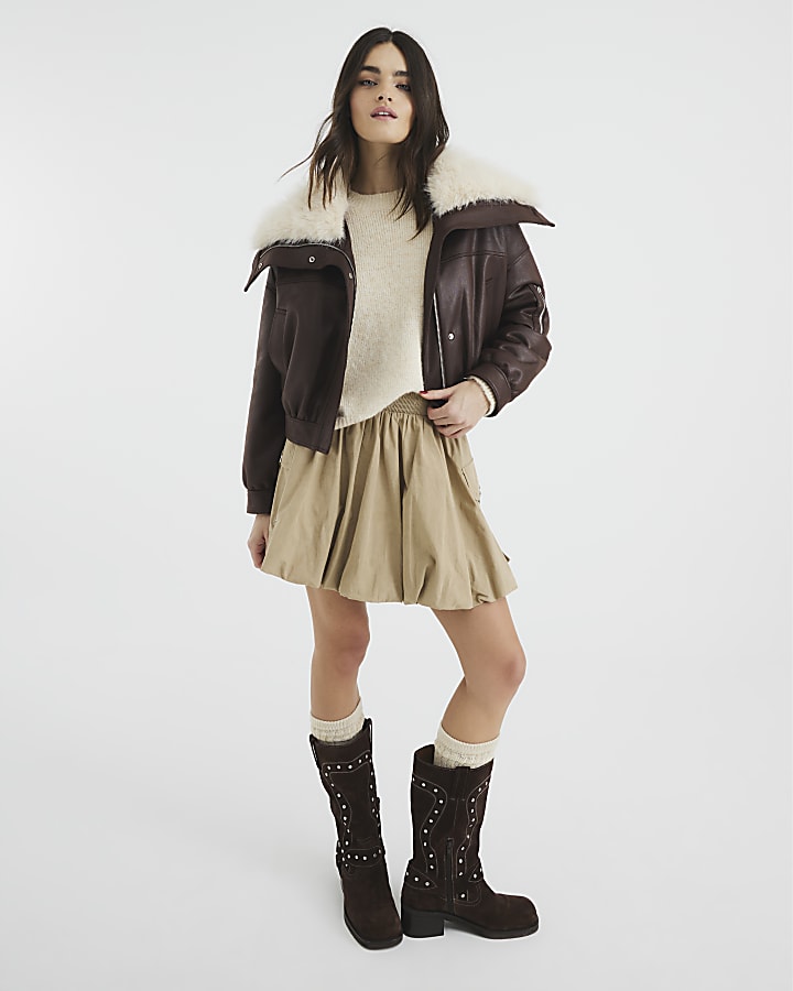 Beige Cargo Bubble Hem Mini Skirt