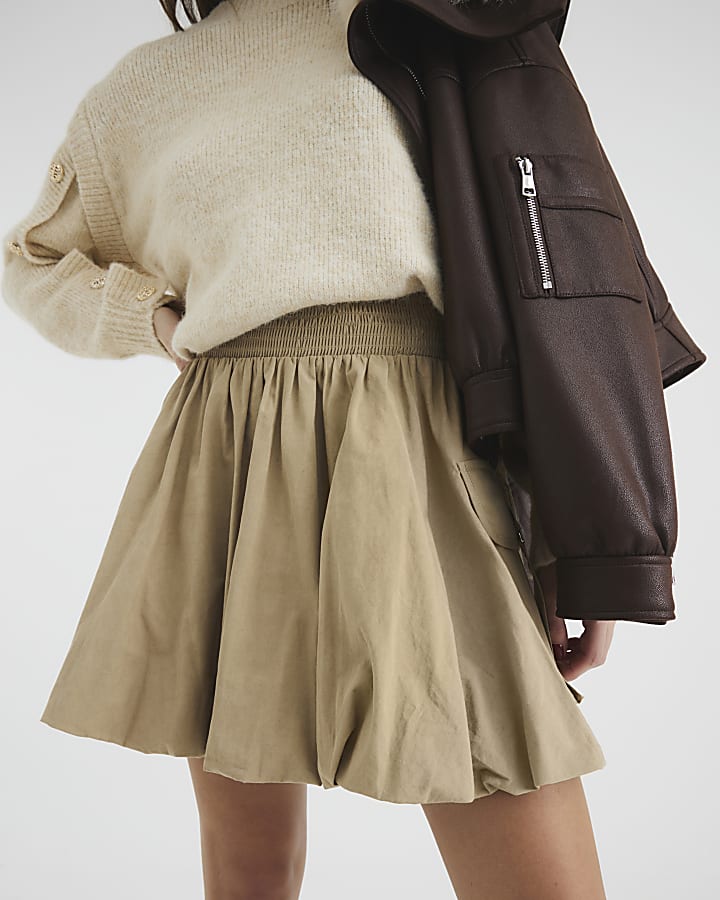 Beige Cargo Bubble Hem Mini Skirt