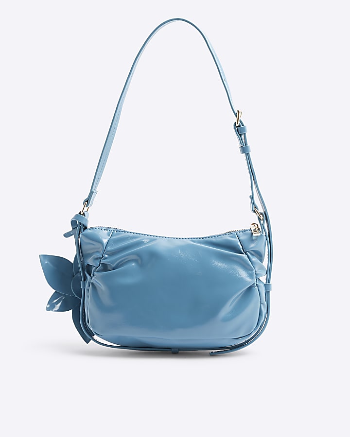 Blue Faux Leather Flower Shoulder Bag