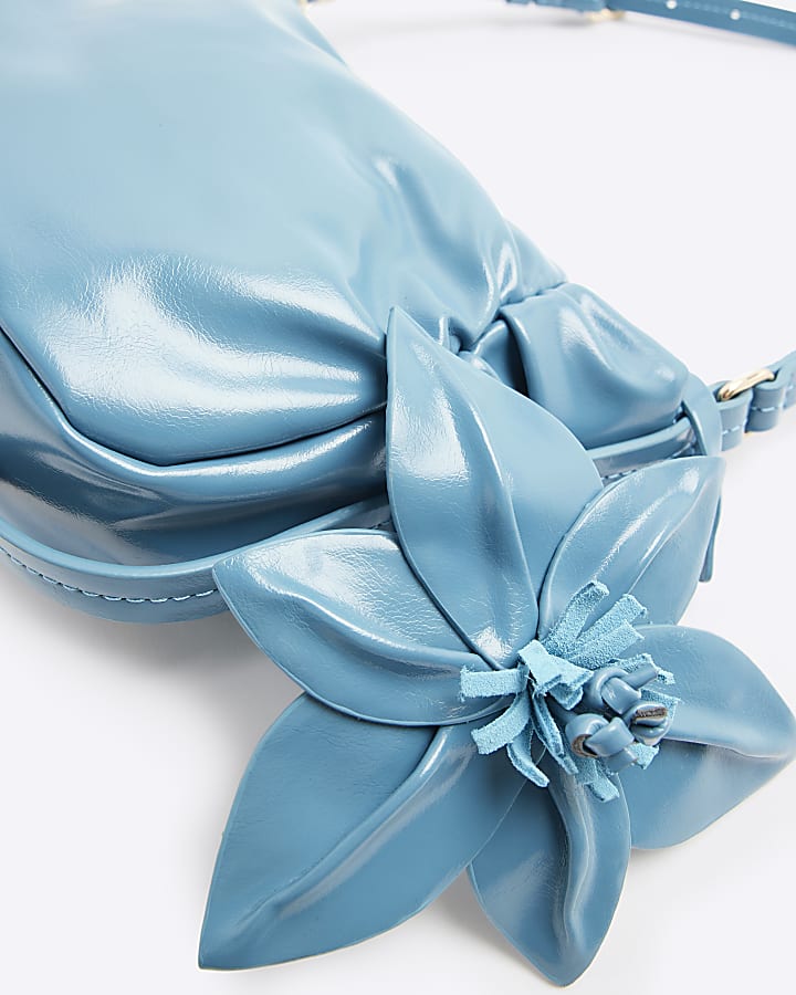 Blue Faux Leather Flower Shoulder Bag