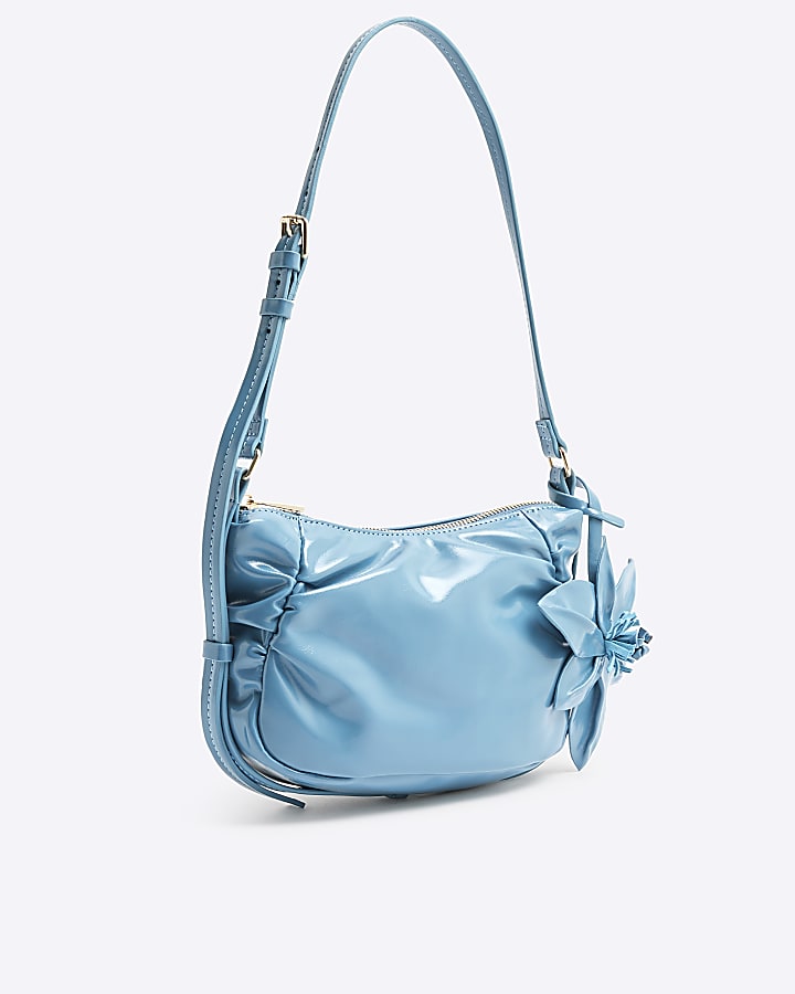 Blue Faux Leather Flower Shoulder Bag