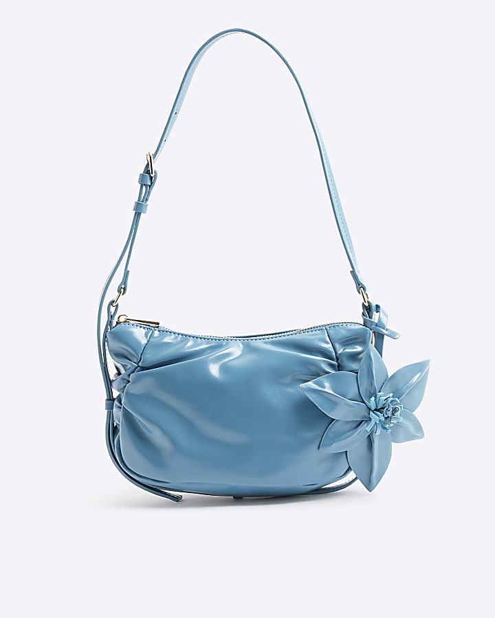 Blue Faux Leather Flower Shoulder Bag