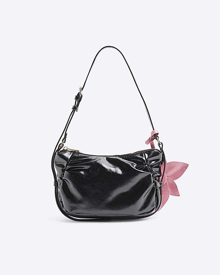 Black Faux Leather Flower Shoulder Bag